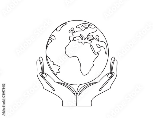 Single one line drawing of hands hold round earth. Globe icon silhouette for world protect concept. Infographics, business presentation isolated on white background. Design vector graphic illustration