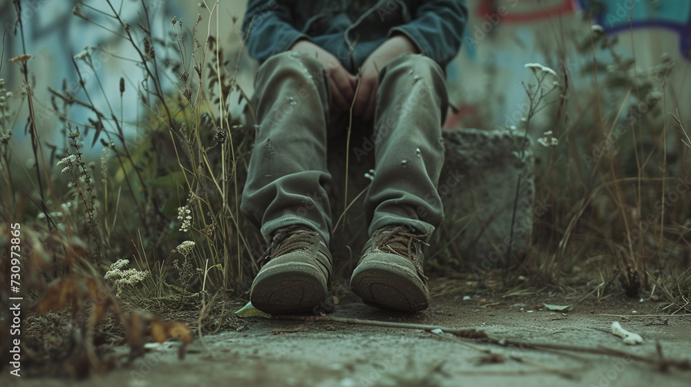 depressed, abandoned and sitting boy, hidden face in legs depressed, abandoned and sitting boy, hidden face in legs
