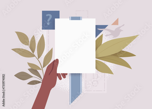 Blank white paper sheet, empty card mockup hold in black hand. Scrapbook crafting, tags. Greeting, holiday, wedding, banquet party invitation, business announcement template on botanical background