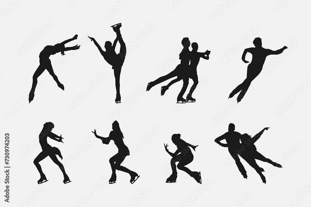 Set silhouettes of figure skating. Sport, athlete, winter, activity theme. Isolated on white background. Vector illustration.