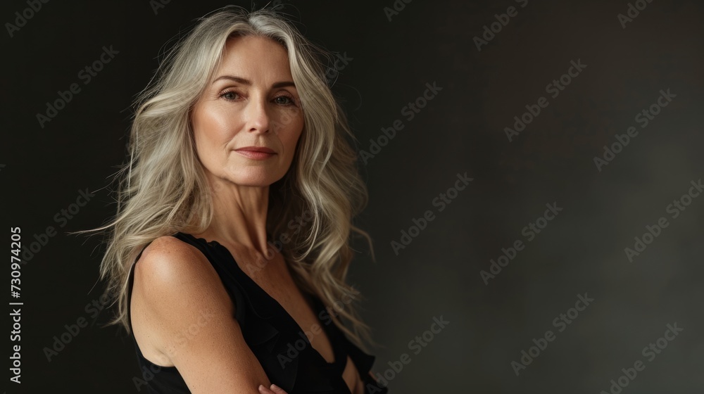 Naklejka premium Photo of gorgeous mature old woman standing isolated over dark background wall looking camera with arms crossed.