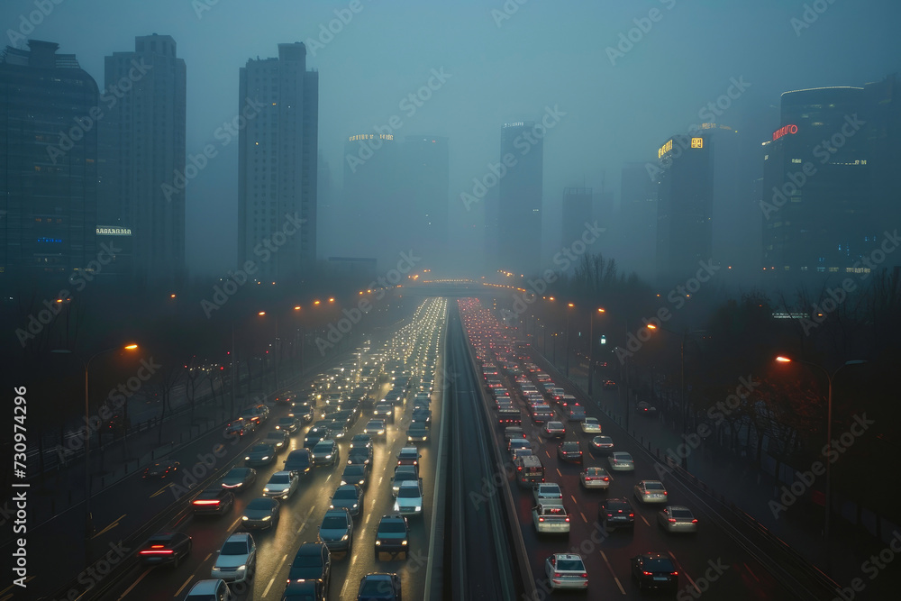 Polluted Skyline: Cityscape Veiled in Smog