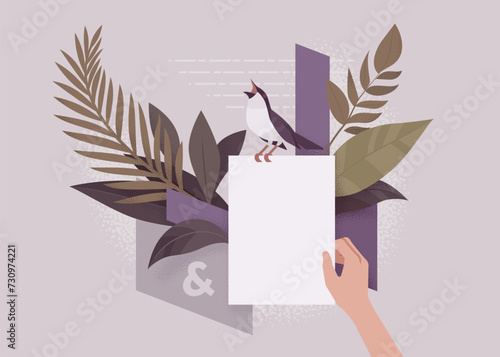 Blank white paper sheet, empty card mockup hand hold. Postcard copy space, memory book. Greeting, holiday, wedding, banquet party invitation, business announcement template, bird, botanical background