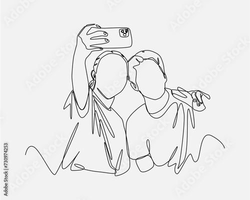Continuous one line drawing of two friends, boy and girl taking selfies with smartphone. Editable stroke. Vector illustration.