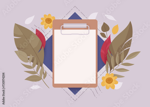 Blank white paper clipboard sheet, empty page mockup, copy space. Office notice stationery. Greeting, holiday, banquet party invitation, business announcement text template on botanical background