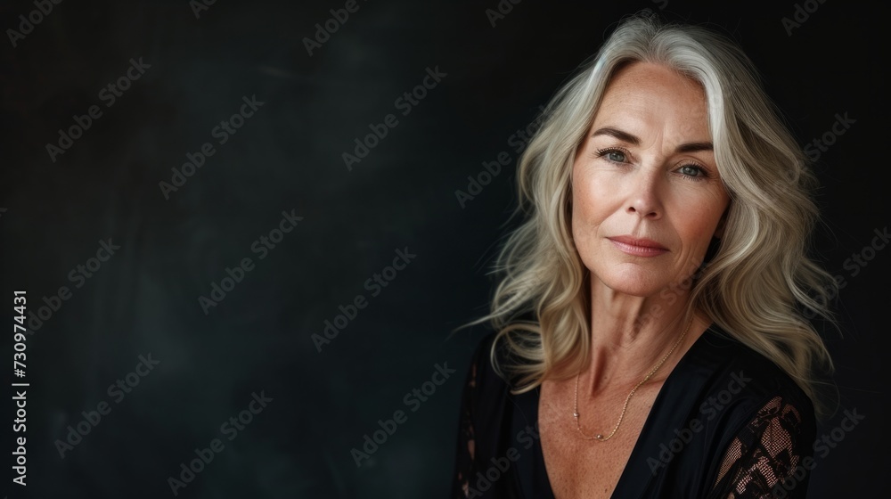 Fototapeta premium Photo of gorgeous mature old woman standing isolated over dark background wall looking camera with arms crossed.