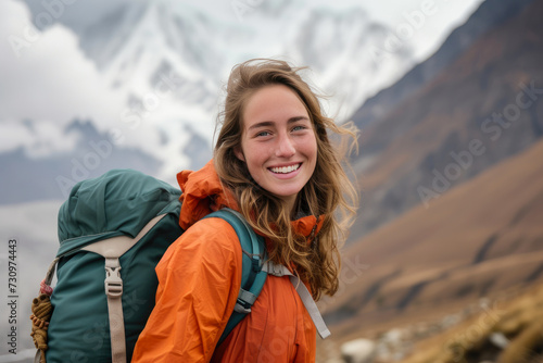 Joyful Himalayan Adventure: Smiling Woman Trekking