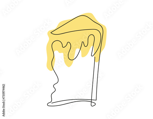 Continuous line drawing of Easter Kulich cake with colored icing. Slice of cupcake. Vector isolated on white a background. Design element. For print, greeting, postcard, scrapbooking.