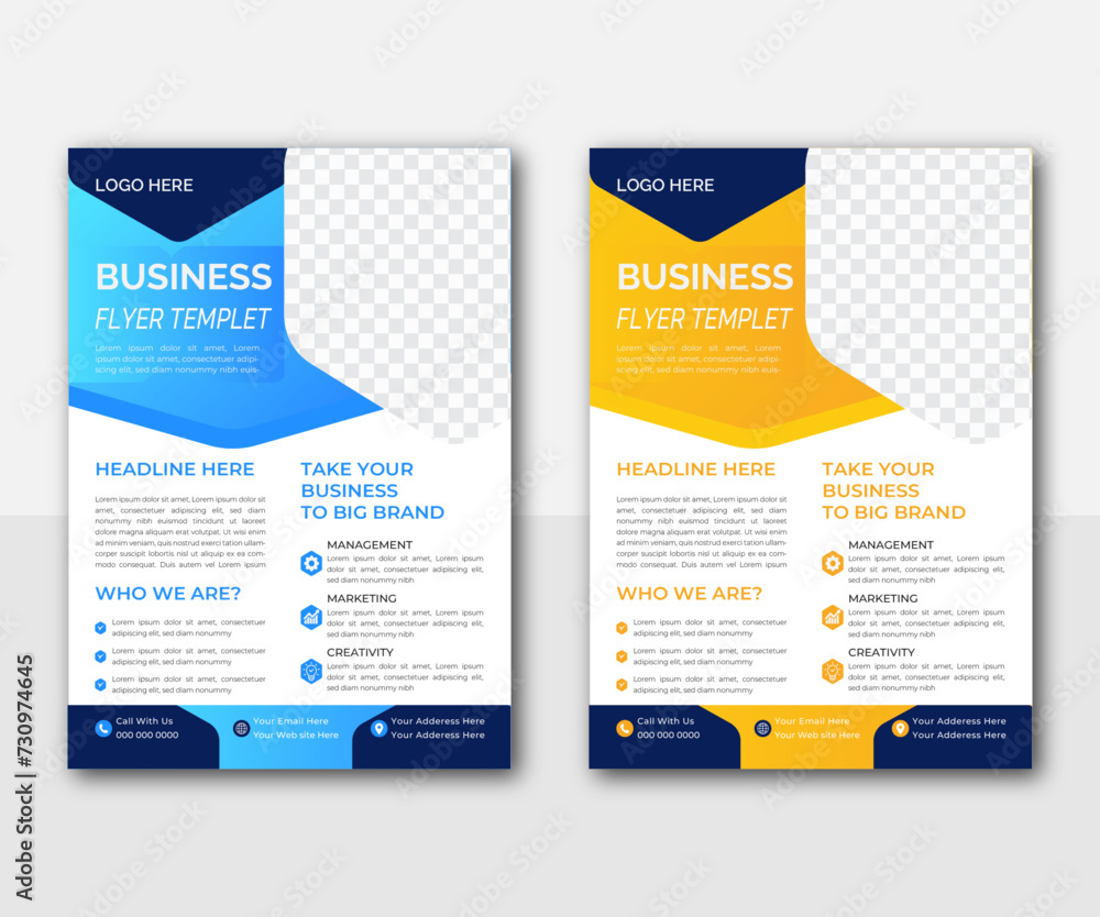 Corporate business flyer template design set with blue and yellow color. Abstract geometric background, modern publication poster magazine, layout in A4 size Corporate business flyer template design set with blue and yellow color. Abstract geometric background, modern publication poster magazine, layout in A4 size