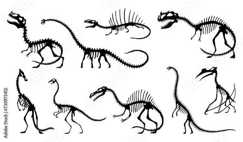 Dinosaur skeleton set. Dino monsters icons. Shape of real animals. Sketch of prehistoric reptiles.  illustration isolated on white. Hand drawn sketches photo