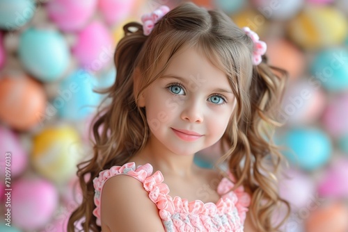  Girl with curly hair and blue eyes in pink ruffled dress, gazes softly against pastel balloon backdrop. poses with innocent expression among balloons