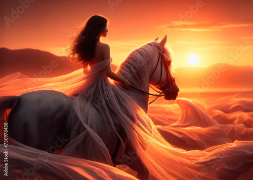 Woman in horse in beautyful dress on the sunset