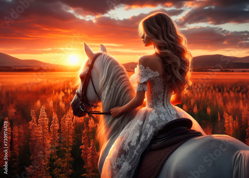 Woman in horse in beautyful dress on the sunset