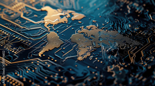 A glowing, orange digital world map overlays a dark, intricate circuit board, symbolizing global connectivity and technology. 