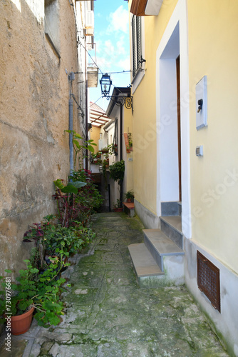 A narrow street in Castellabate, a medieval village on the coast of Campania, Italy..