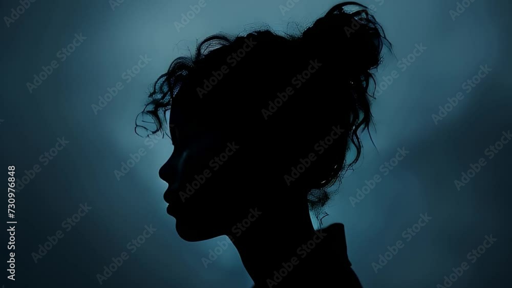 A dark silhouette of a woman's profile against a moody, blue background A dark silhouette of a woman's profile against a moody, blue background