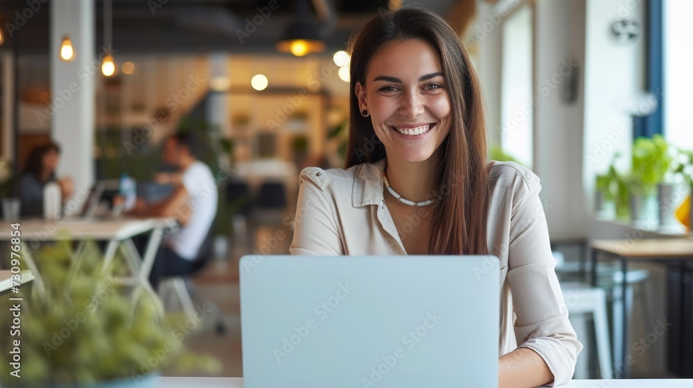Fototapeta premium Beautiful cheerful young woman looking forward with laptop