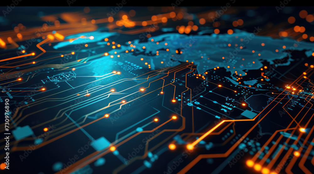 A glowing, orange digital world map overlays a dark, intricate circuit board, symbolizing global connectivity and technology. 