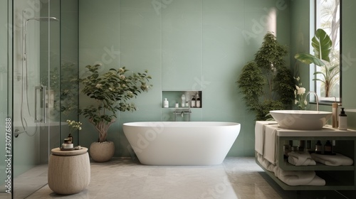 Stylish sage green bathroom  modern white ceramic bathtub with marble side table. Glass shower screen  spot light  clean.