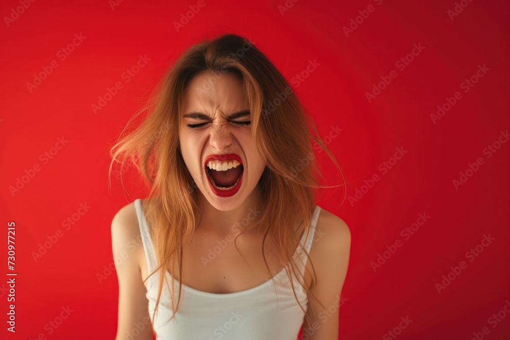Very angry woman on a red background Very angry woman on a red background