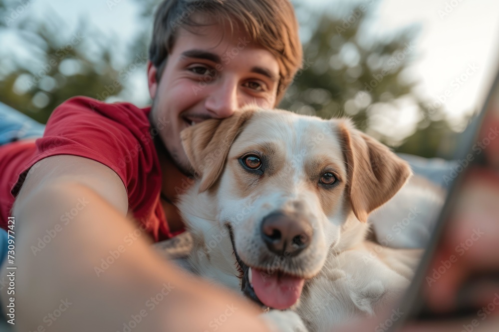 Young man is playing with a dog and do selfie Young man is playing with a dog and do selfie