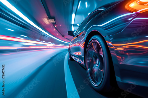 Midnight Momentum: Car Speeding in Neon-lit Tunnel