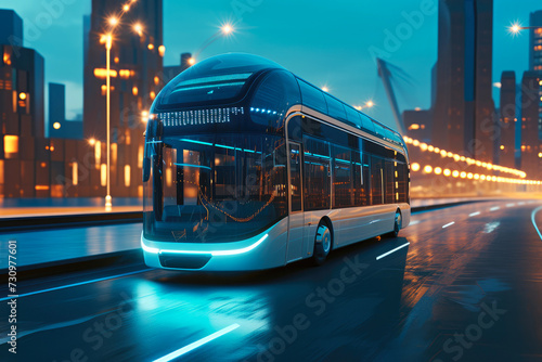 Clean Energy Commute: Electric Bus in Futuristic Metropolis © Andrii 