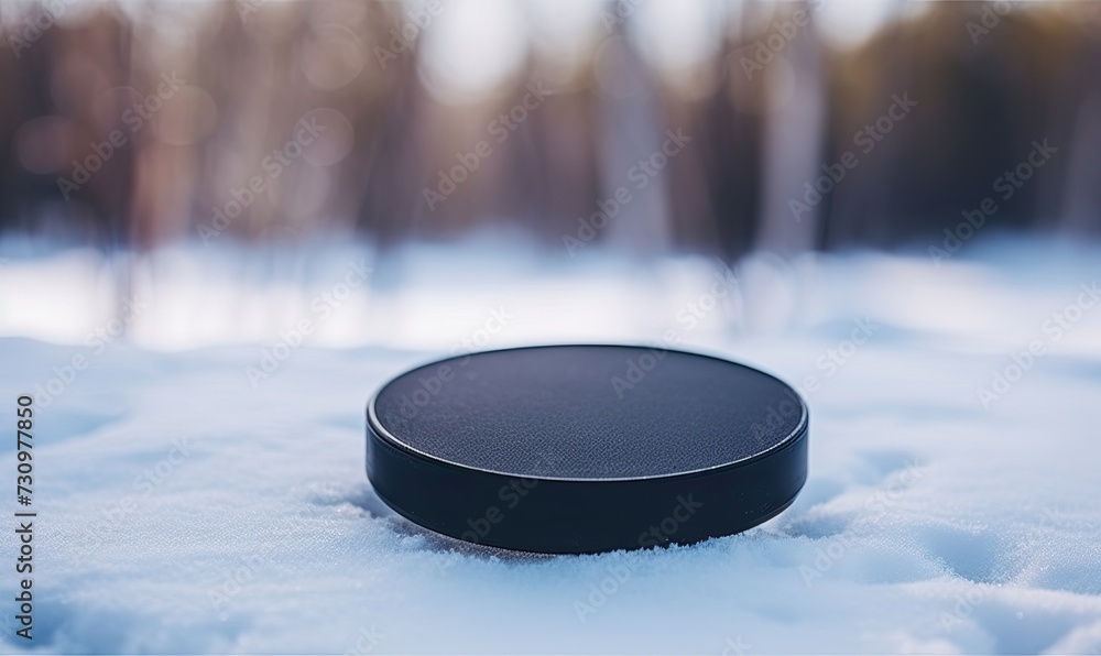 Fototapeta premium A Solitary Hockey Puck on a Winter Wonderland