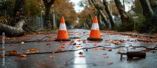 Road closure due to fallen trees and power cables signaled by two traffic cones after strong winds. photo