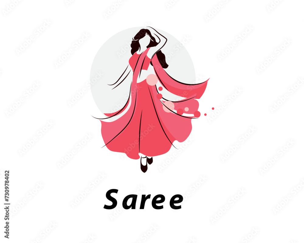 Saree logo design with women figure template. Women india dress or clothing logo design.	