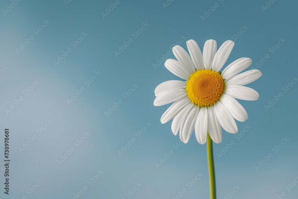 Single daisy flower against a sky-blue background Single daisy flower against a sky-blue background