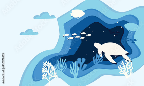 sea underwater layered vector illustration. sea life water in paper cut out style template.