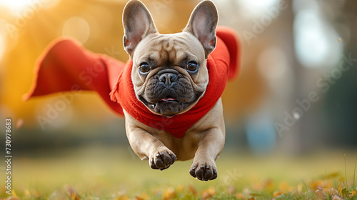 Cute french bulldog with a red cloak jumping and flying  © Paulius