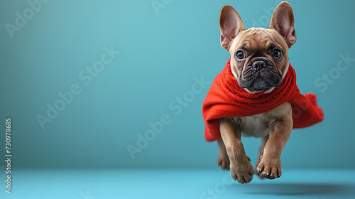 Cute french bulldog with a red cloak jumping and flying on light blue background