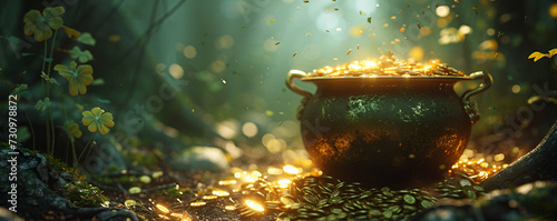 Gold pot full of coins on dark magic forest. Fantasy fairy tail background. St. Patrick's day holiday symbol. Template for design card, invitation, banner photo