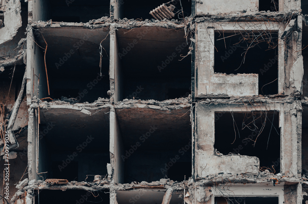 destroyed and burned houses in the city Russia Ukraine war - obrazy, fototapety, plakaty 