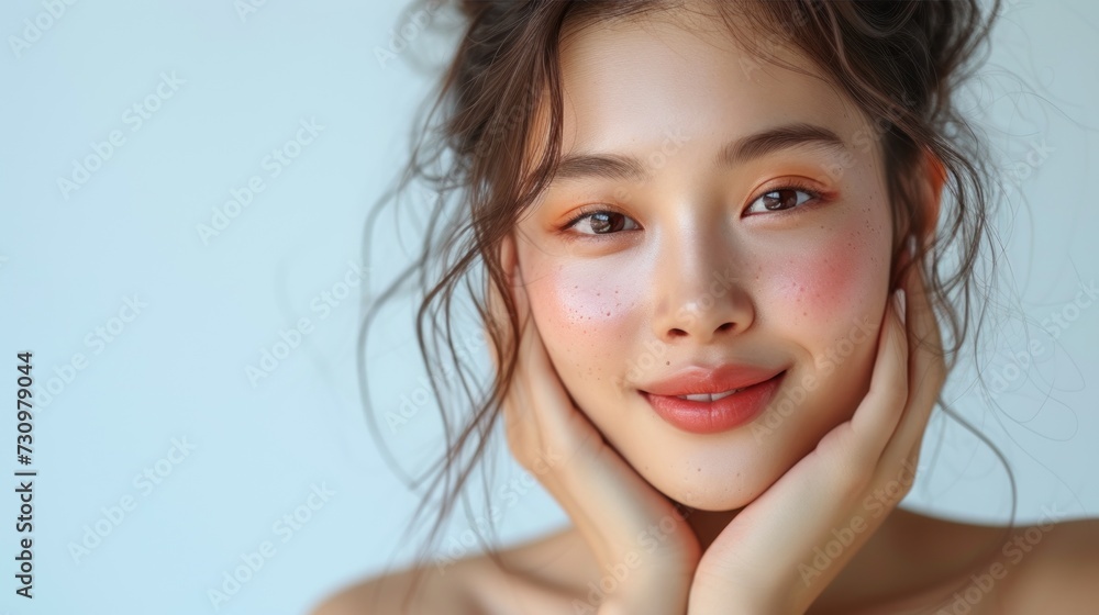 Woman Posing for a Picture in a White Shirt, beauty concept background with woman face model Woman Posing for a Picture in a White Shirt, beauty concept background with woman face model