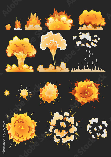 Explosion animation effect for game, separate frames. Burst explosion in cartoon style. Bomb or bang. isolated illustration