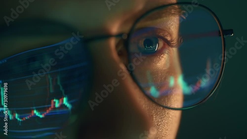 Trader wearing glasses is working on laptop computer. Screen with stock market charts and Bitcoin BTC or Ethereum ETH data analysis reflection. Broker trading online. Altcoins crypto currency trading