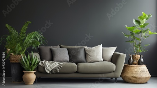 Sofa with pillows in front of gray wall, pots of green plants are behind. © Lasvu