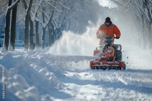 Man Using Snow Blower to Clear Snow