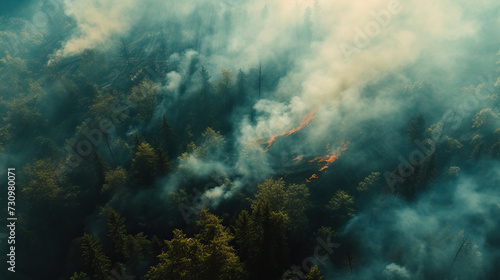 Top-down aerial drone view of forest wildfire burning. Forest fires increasing in frequency due to global warming and climate change  © Goodwave Studio