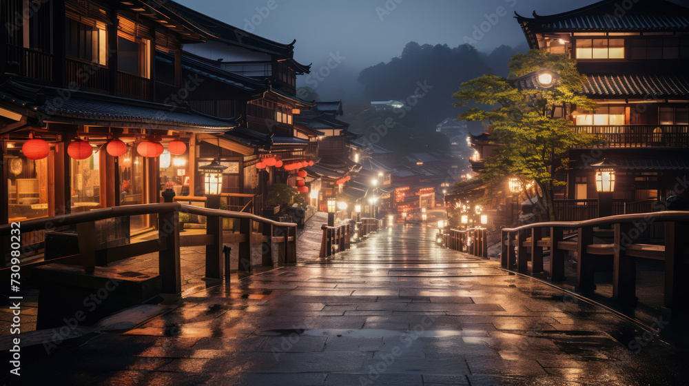 夜景の温泉街、架空の日本の古い写真、Generative AI