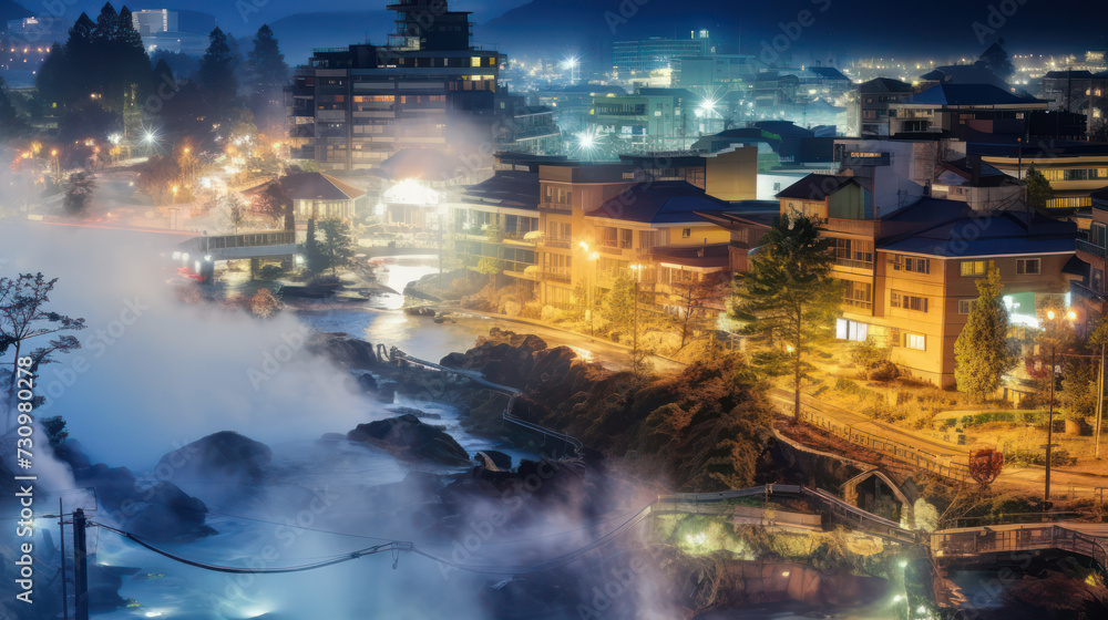湯けむりの夜景、架空の日本の古い写真、Generative AI