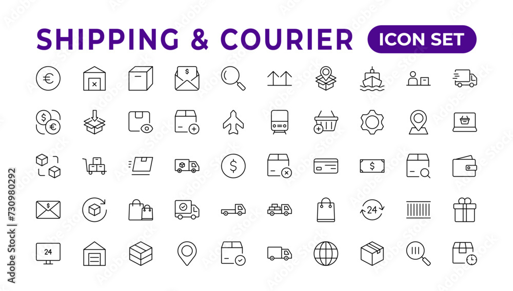 Delivery icons set. Collection of simple linear web such as Shipping By Sea Air,Date, Courier,  Return Search Parcel, Fast Shipping. service icon Contains order tracking, courier, and cargo icons.