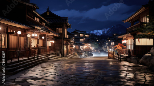 温泉街の夜景,架空の日本の古い写真、Generative AI