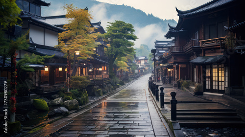 古い温泉街、架空の日本の古い写真、A beautiful cityscape like Kyoto in Japan. A quaint Japanese-style landscape.Generative AI