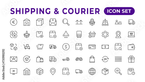 Delivery icons set. Collection of simple linear web such as Shipping By Sea Air,Date, Courier,  Return Search Parcel, Fast Shipping. service icon Contains order tracking, courier, and cargo icons.