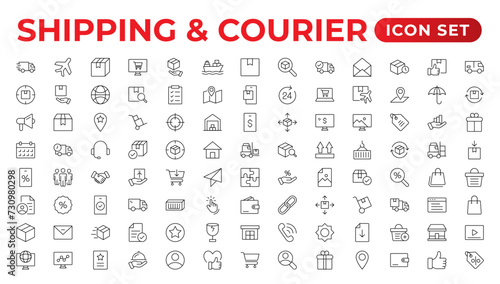 Delivery icons set. Collection of simple linear web such as Shipping By Sea Air,Date, Courier, Return Search Parcel, Fast Shipping. service icon Contains order tracking, courier, and cargo icons.