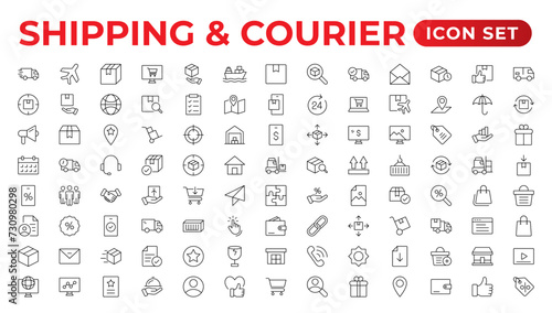 Delivery icons set. Collection of simple linear web such as Shipping By Sea Air,Date, Courier,  Return Search Parcel, Fast Shipping. service icon Contains order tracking, courier, and cargo icons.